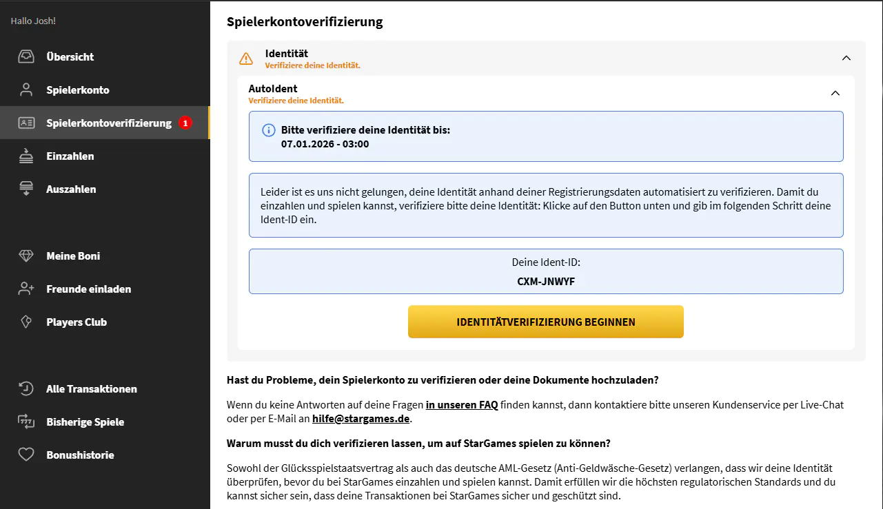 Formular zur Verifizierung des Kontos im Casino stargames
